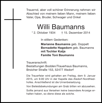 Traueranzeigen von Willi Baumanns Aachen gedenkt