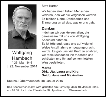 Traueranzeige von Wolfgang Hambach von Super Sonntag / Super Mittwoch