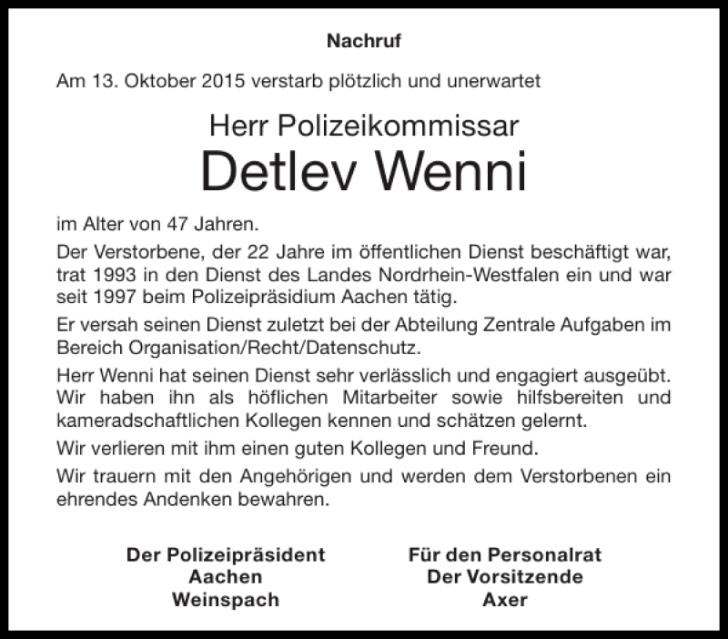  Traueranzeige für Detlev Wenni vom 24.10.2015 aus Aachener Zeitung / Aachener Nachrichten