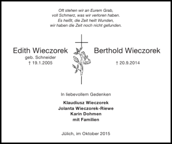 Traueranzeige von Edith Wieczorek Berthold Wieczorek von Super Sonntag / Super Mittwoch