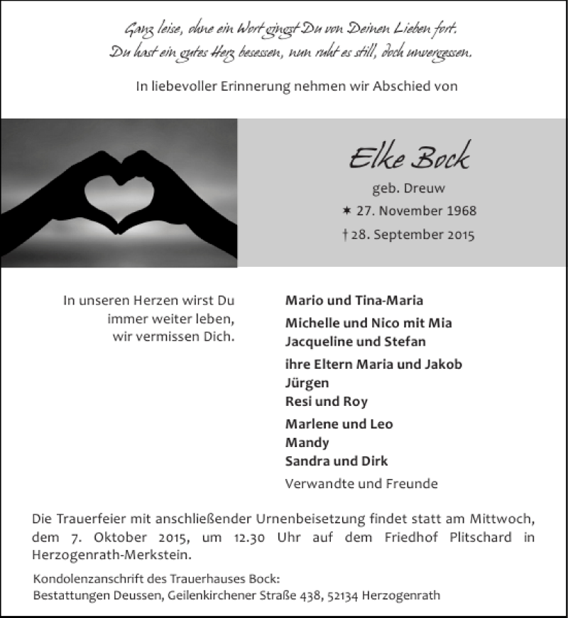  Traueranzeige für Elke Bock vom 04.10.2015 aus Super Sonntag / Super Mittwoch