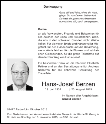Traueranzeige von Hans-Josef Berzen von Super Sonntag / Super Mittwoch
