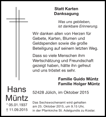 Traueranzeige von Hans Müntz von Aachener Zeitung / Aachener Nachrichten