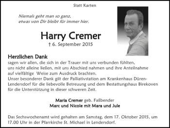 Traueranzeige von Harryy Cremer Harr Cremer von Super Sonntag / Super Mittwoch
