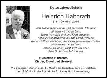 Traueranzeige von Heinrich Hahnrath von Aachener Zeitung / Aachener Nachrichten