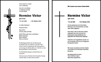 Traueranzeige von Hermine Victor Hermine Victor von Super Sonntag / Super Mittwoch