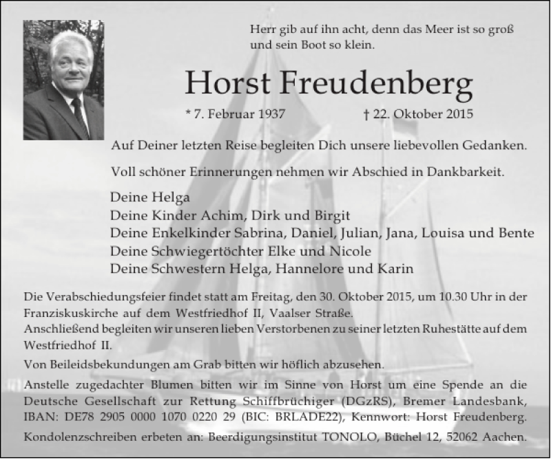  Traueranzeige für Horst Freudenberg vom 24.10.2015 aus Aachener Zeitung / Aachener Nachrichten