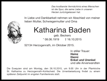 Traueranzeige von Katharina Baden von Super Sonntag / Super Mittwoch