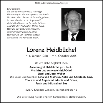 Traueranzeige von Lorenz Heidb Lorenz Heidbüchel üchel von Super Sonntag / Super Mittwoch