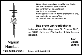 Traueranzeige von Marion Hambach von Super Sonntag / Super Mittwoch