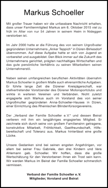 Traueranzeige von Markus Schoeller von Aachener Zeitung / Aachener Nachrichten
