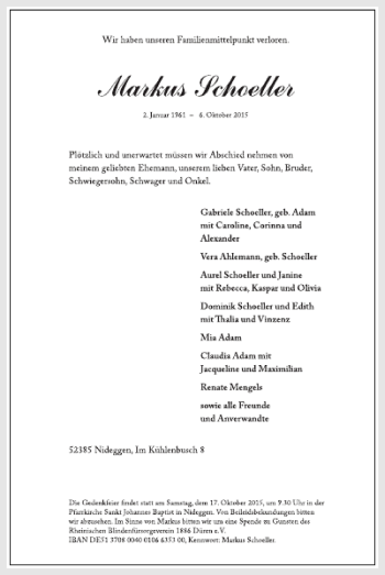 Traueranzeige von Markus Schoeller von Super Sonntag / Super Mittwoch