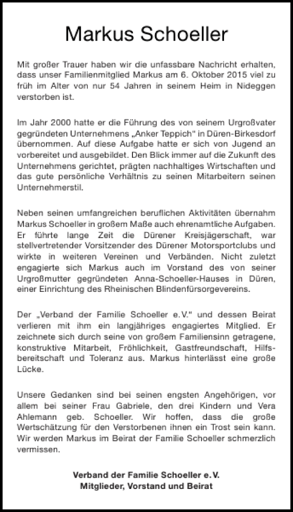  Traueranzeige für Markus Schoeller vom 17.10.2015 aus Aachener Zeitung / Aachener Nachrichten