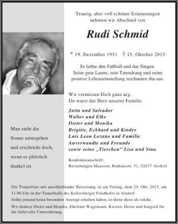 Traueranzeige von Rudi Schmid von Super Sonntag / Super Mittwoch