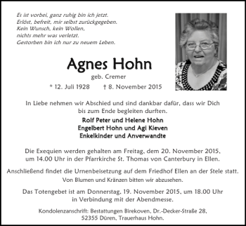 Traueranzeige von Agn Agnes es Hohn Hohn von Super Sonntag / Super Mittwoch