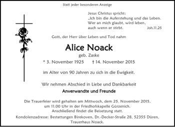 Traueranzeige von Ali Alice Noack ce Noack von Aachener Zeitung / Aachener Nachrichten