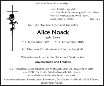 Traueranzeige von Ali Alice Noack ce Noack von Super Sonntag / Super Mittwoch
