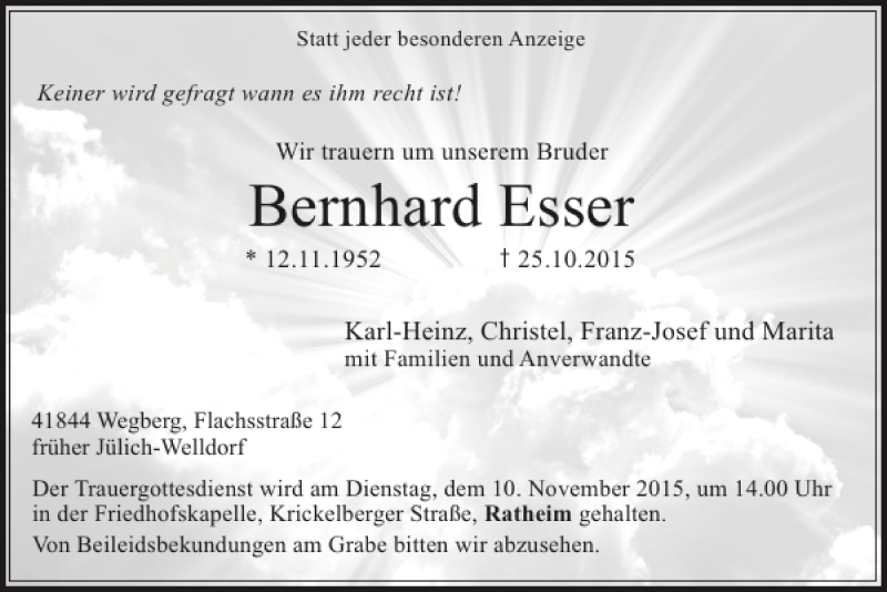  Traueranzeige für Bernhard Esser vom 09.11.2015 aus Super Sonntag / Super Mittwoch