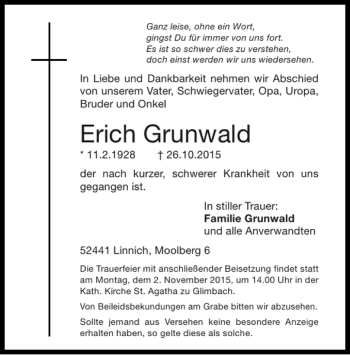 Traueranzeige von Erich Grunwald von Super Sonntag / Super Mittwoch