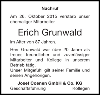 Traueranzeige von Erich Grunwald von Super Sonntag / Super Mittwoch