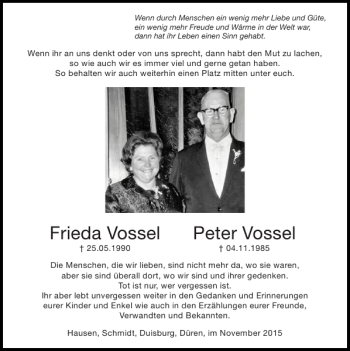 Traueranzeige von Frieda Vossel Peter Vossel von Super Sonntag / Super Mittwoch