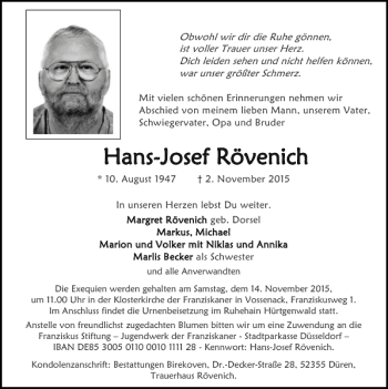 Traueranzeige von Hans-Hans-Josef R Josef Rövenich övenich von Super Sonntag / Super Mittwoch
