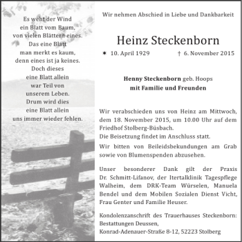 Traueranzeige von Heinz Steckenborn von Super Sonntag / Super Mittwoch