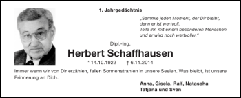 Traueranzeige von Herbert Schaffhausen von Aachener Zeitung / Aachener Nachrichten
