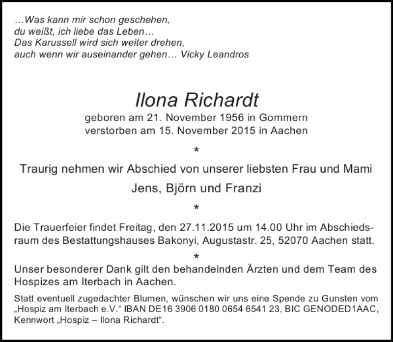  Traueranzeige für Ilona Richardt vom 21.11.2015 aus Aachener Zeitung / Aachener Nachrichten