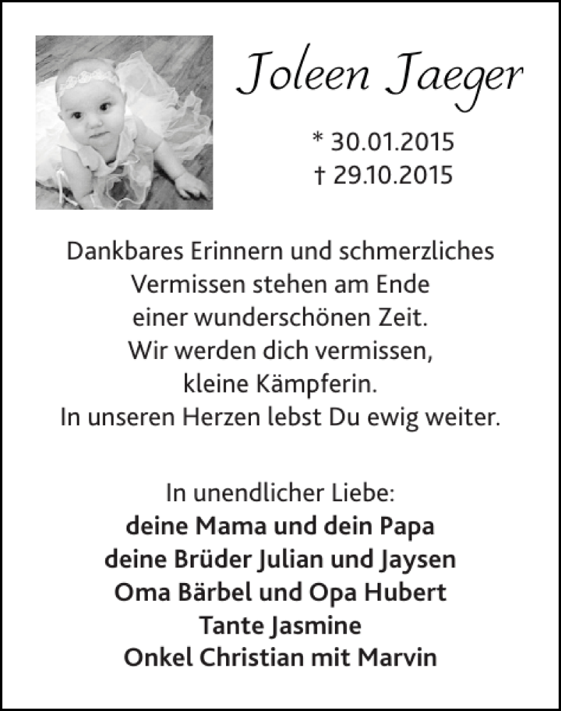  Traueranzeige für Joleen Jaeger vom 09.11.2015 aus Super Sonntag / Super Mittwoch