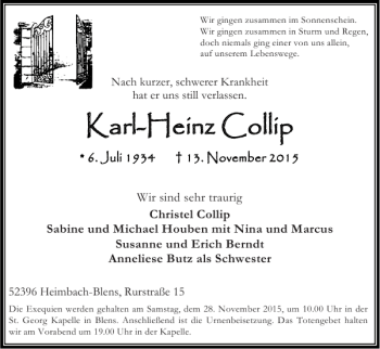Traueranzeige von Karl-Karl-Heinz Heinz Col Collip lip von Super Sonntag / Super Mittwoch