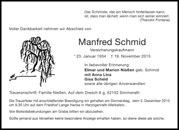 Traueranzeige von Manfred Schmid von Aachener Zeitung / Aachener Nachrichten