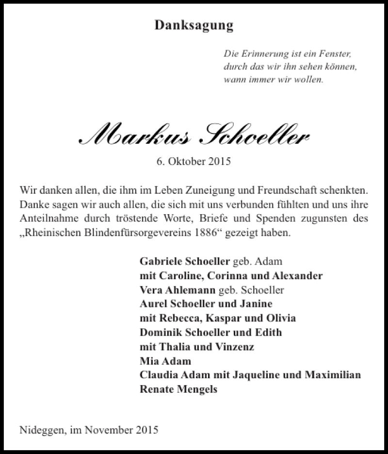  Traueranzeige für Markus Schoeller vom 22.11.2015 aus Super Sonntag / Super Mittwoch