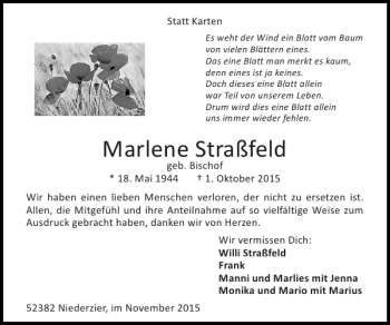 Traueranzeige von Marlene Straßfeld von Super Sonntag / Super Mittwoch