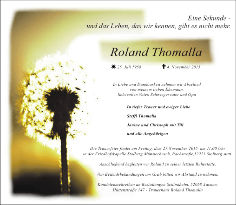  Traueranzeige für Roland Thomalla vom 22.11.2015 aus Super Sonntag / Super Mittwoch