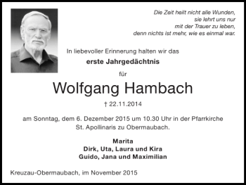 Traueranzeige von Wolfgang Hambach von Super Sonntag / Super Mittwoch