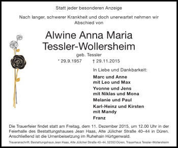 Traueranzeige von Alwine Anna MariaTessler-Wollersheim von Super Sonntag / Super Mittwoch