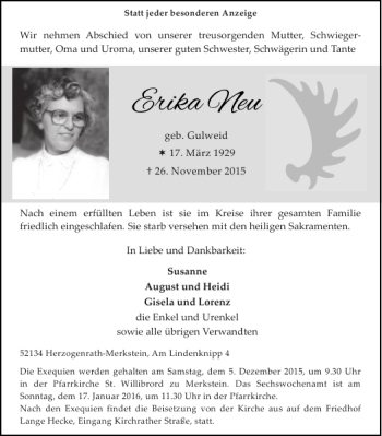 Traueranzeige von Erika Neu von Super Sonntag / Super Mittwoch