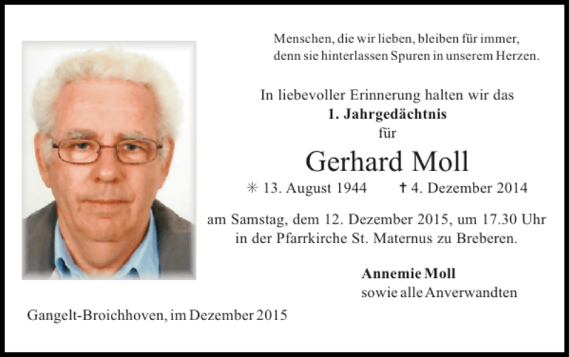 Traueranzeigen von Gerhard Moll Aachen gedenkt
