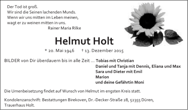  Traueranzeige für Helmut Holt vom 20.12.2015 aus Super Sonntag / Super Mittwoch