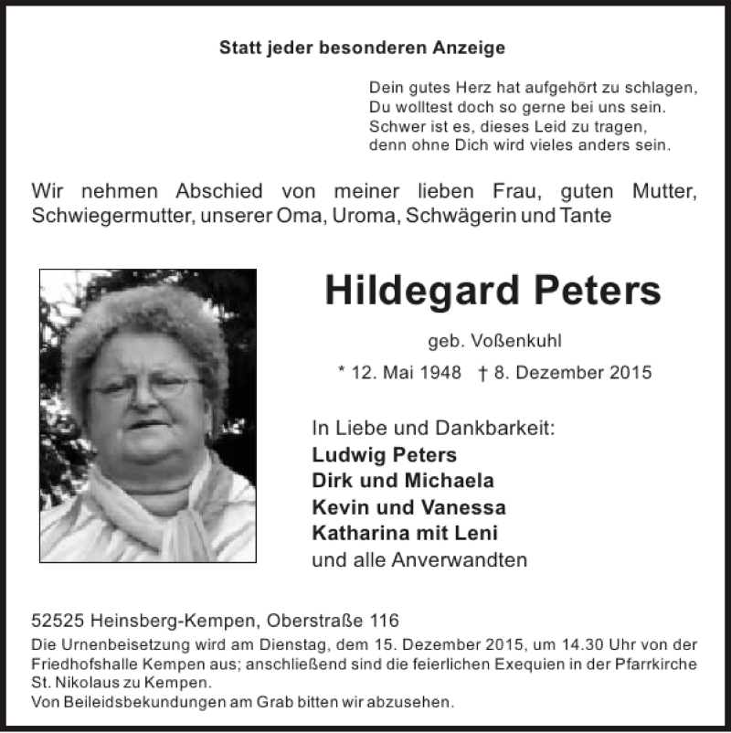  Traueranzeige für Hildegard Peters vom 14.12.2015 aus Super Sonntag / Super Mittwoch