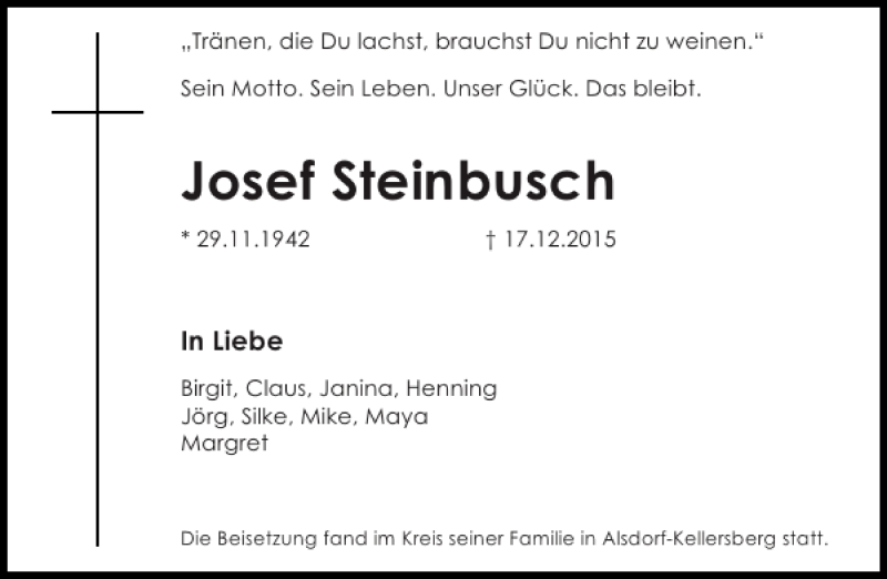 Traueranzeige für Josef Steinbusch vom 24.12.2015 aus Aachener Zeitung / Aachener Nachrichten