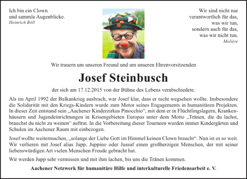  Traueranzeige für Josef Steinbusch vom 24.12.2015 aus Aachener Zeitung / Aachener Nachrichten