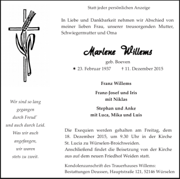 Traueranzeige von Marlene Willems Marlene Willems von Super Sonntag / Super Mittwoch