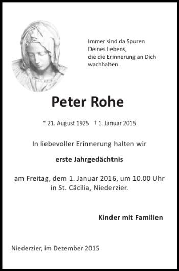 Traueranzeige von Peter Rohe von Super Sonntag / Super Mittwoch