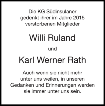 Traueranzeigen von Willi Ruland Karl Werner Rath | Aachen gedenkt