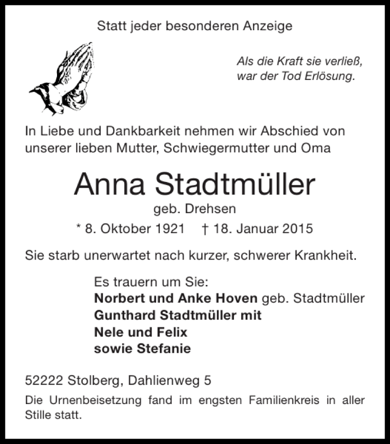  Traueranzeige für Anna Stadtmüller vom 01.02.2015 aus Super Sonntag / Super Mittwoch
