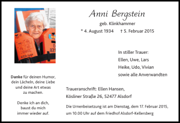 Traueranzeige von Anni Bergstein von Super Sonntag / Super Mittwoch