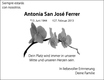 Traueranzeige von Antonia San José Ferrer von Aachener Zeitung / Aachener Nachrichten