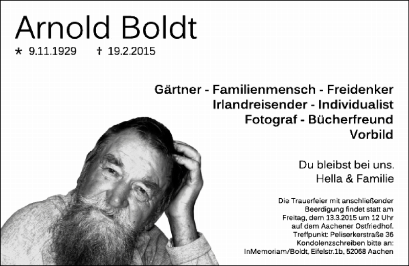  Traueranzeige für Arnold Boldt vom 28.02.2015 aus Aachener Zeitung / Aachener Nachrichten